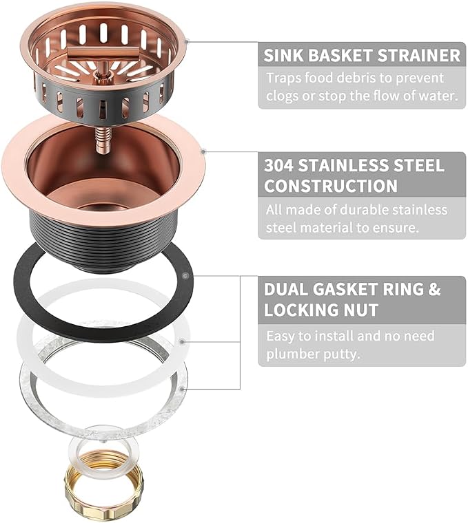 KONE Copper Sink Drain 3.5 Inch Kitchen Sink Drain Assembly Stainless Steel - Image 5