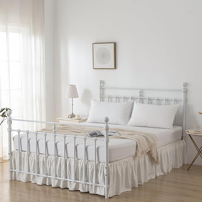 Tufted Dot Bed Skirt Full Size Ruffled Bed Skirt with Split Corners, 18 Inch Drop Dust Ruffle Bed Skirts with Platform, Ivory