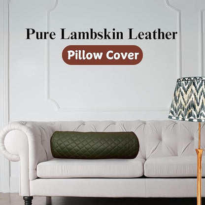 Neck Roll Pillow Cushion Cover, 18x7 Inch Full Moon Round Bolster Pillow Case, Cylinder Soft Lambskin Leather Pillowcase for Head, Spine & Neck Support During Sleep - Quilted Dark Green Pack of 2