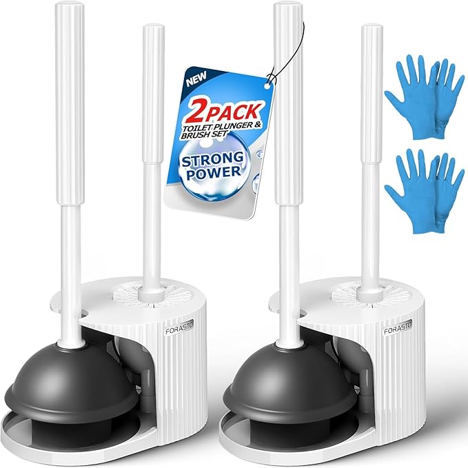 2Pack 2 in 1 Toilet Brush and Plunger Set, Clean Gloves, Extended Handle by FORASTO