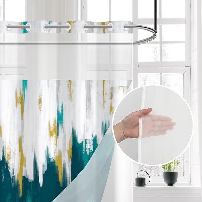 No Hook Shower Curtain with Snap in Liner, Hotel Style Blue White Mix Gold - Image 3