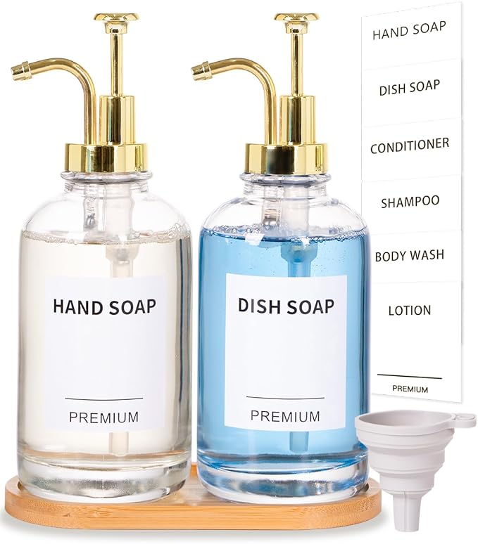 Dish Soap Dispenser for Kitchen, Hand Glass Soap Dispenser Set by Hoousuper