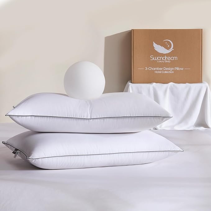 Goose Feather Down Fiber Pillows Standard Size Set of 2, Luxury 3-Chamber Pillows with Soft & Down-Proof Cover, Fluffy Plush Hotel Bed Pillows for Side, Back & Stomach Sleepers, 20"x26"