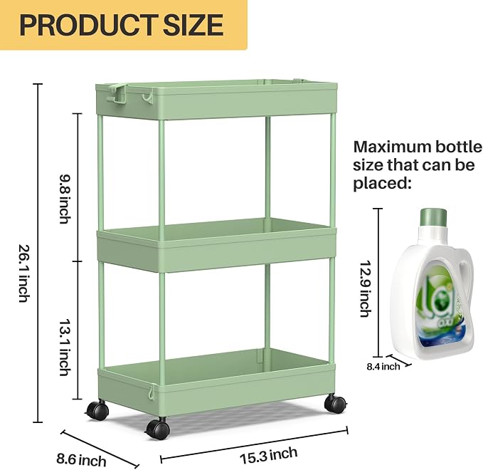 SPACEKEEPER Green 3-Tier Rolling Storage Cart, Bathroom & Kitchen Organizer - Image 4
