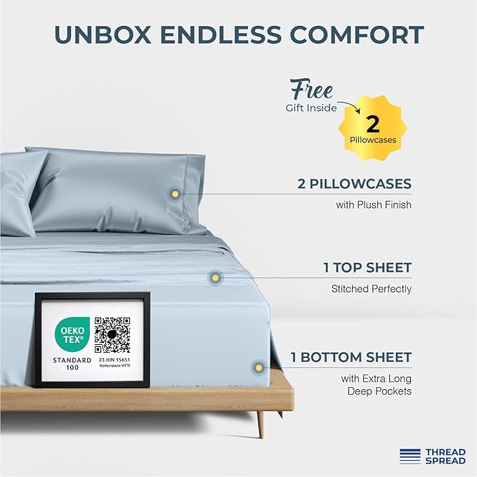 THREAD SPREAD 100% Egyptian Cotton Sheets Queen Size - 1500 Thread Count 4 PC Queen Sheet Set Egyptian Cotton, Sateen Luxury Sheets Queen Size, High Thread Count Sheets, 17" Deep Pocket - Light Blue
