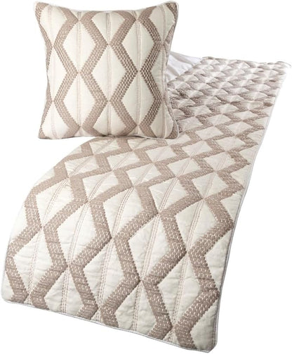 The HomeCentric Ivory Bed Runner Without Pillow Cover, CA King Size 86"x18" Decorative Bed Runner, Ivory & Taupe Linen Bed Scarf in Quilted Pattern & Linen Embroidery - Pattern Flatter