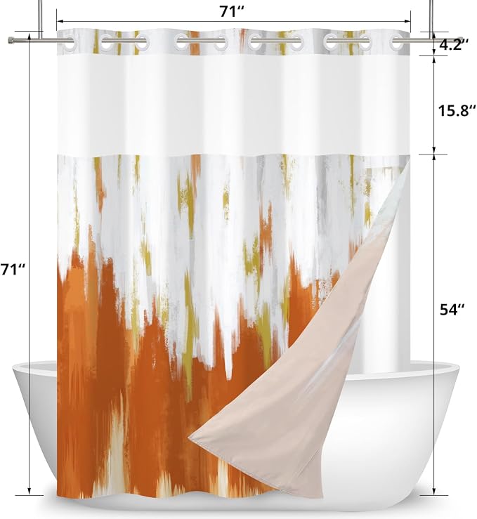 No Hook Shower Curtain with Snap in Liner, Hotel Style Burnt Orange White Gold - Image 6