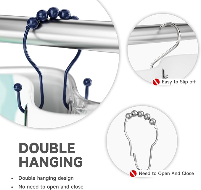 Shower Curtain Hooks, Shower Curtain Rings Rust Proof Navy Blue Double Hook - Image 3