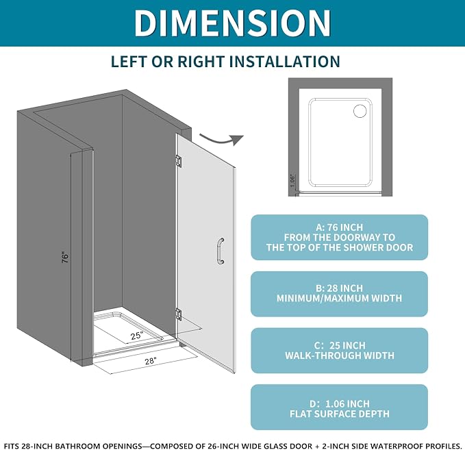 Framelss Single Swing Hinged Shower Door, 5/16" Tempered Glass - Image 4