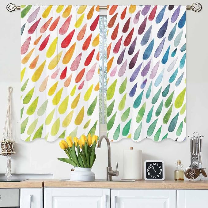 Rainbow Raindrops Kitchen Curtains Colorful Abstract Droplet Blob Brush Strokes by Unknown
