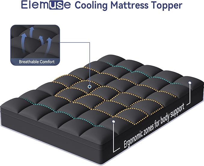 ELEMUSE RV Short Queen Black Mattress Topper for Back Pain, Extra Thick Mattress Pad Cover, Plush Soft Pillowtop with Elastic Deep Pocket, Overfilled Down Alternative Filling