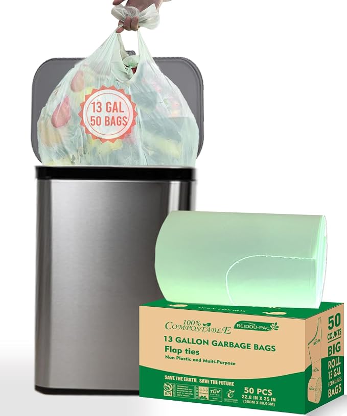 13 Gallon Flap Tie Compostable Trash Bags, Compost Bags Tall Kitchen Trash Bags by BEIDOU-PAC
