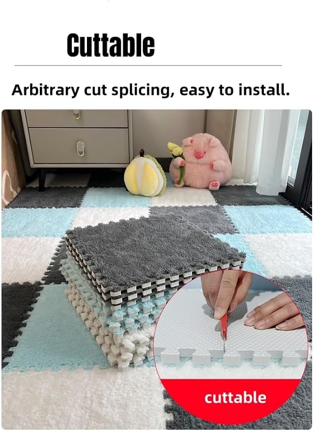 12Pcs Interlocking Carpet Tiles, Fluffy Play Mat Floor Tiles Thick Padded - Image 5