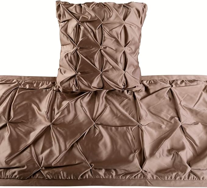 The HomeCentric Beige Bed Runner, Twin Size 53"x18" Decorative Bed Runner with 2 Matching Pillow Cover, Beige Satin Bed Scarf in Pintucks - Satin Ballet Swirl