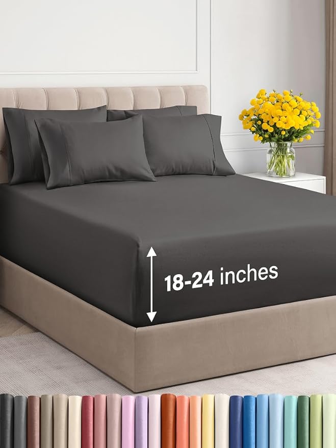 Extra Deep King Sheet Set - 6 Piece Breathable & Cooling Sheets - Hotel Luxury Bed Sheets Set - Easy & Secure Fit - Soft, Wrinkle Free & Comfy Sheets Set - Charcoal Sheet Set with Extra Deep Pockets