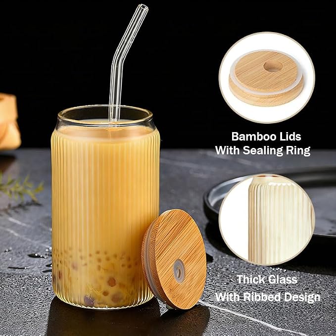 2 PCS Glass cups with Lids and Straws, 16 OZ Iced Coffee Cups, Ribbed Glass - Image 4