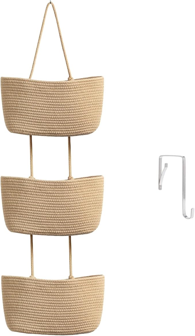 TeoKJ Over the Door Hanging Basket, 3-Tier Woven Cotton Wall-Mounted Storage by TeoKJ