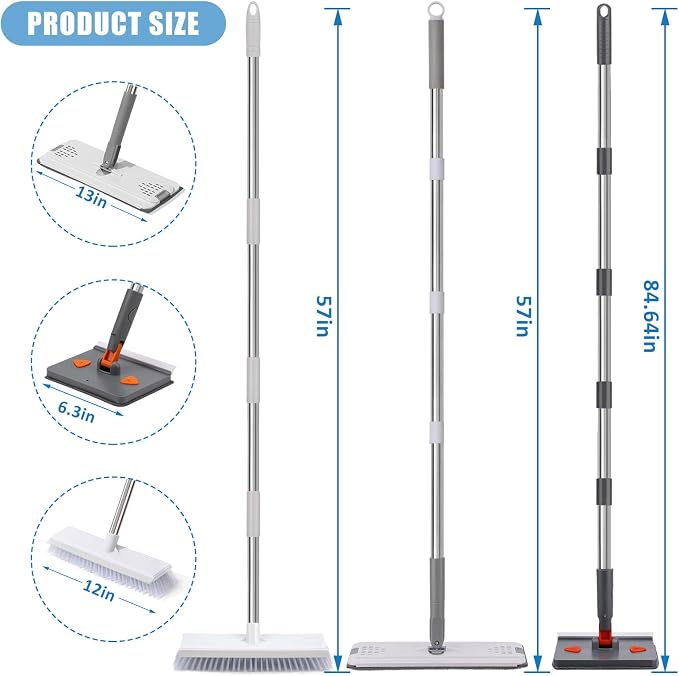 Mops for Floor Cleaning with 57" Long Handle, Scrub Brush, Baseboard Cleaner - Image 2