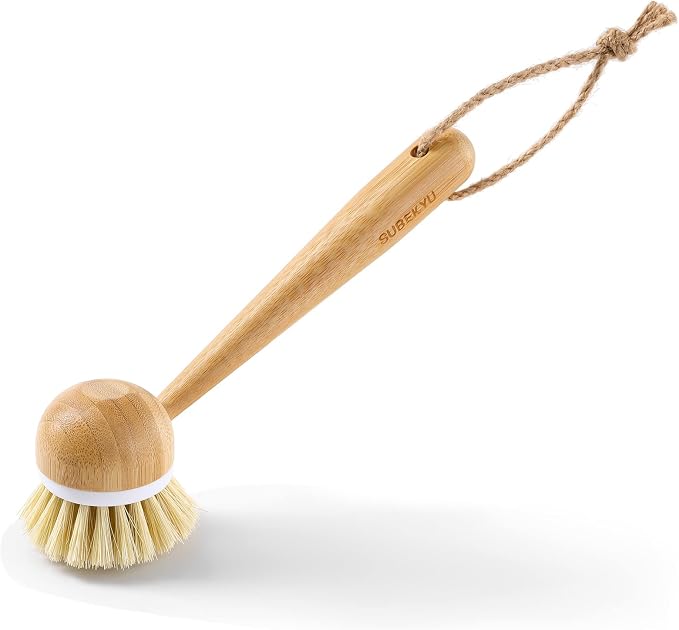 SUBEKYU Dish Brush with Handle, Natural Bamboo Dish Scrubber Brush, Kitchen - Image 3