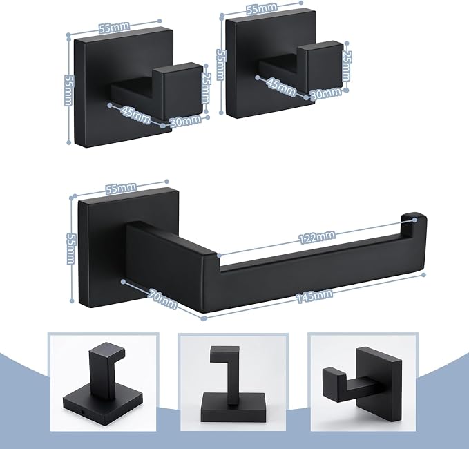 3PCS Bathroom Hardware Set, Matte Black Toilet Paper Holder, 2 Square Towel - Image 2