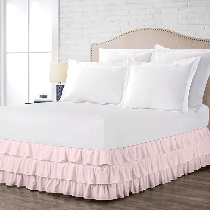 Multi-Ruffle Bed Skirt, Soft Multi Elastic Dust Ruffles with Wrap Around Bed Skirt Easy Fit with 18 Inch Drop 100% Cotton 800 Thread Count (Twin XXL, Pink)