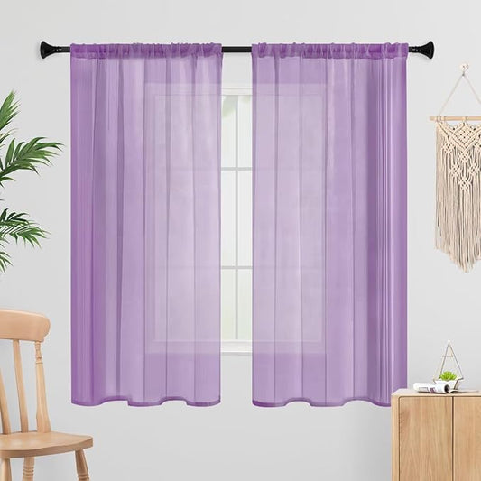 Sheer Curtains 84 Inches Long 2 Panels, Rod Pocket Short Curtain for Kitchen, Bedroom, Cafe Window(Lavender 38" W x 84" L)