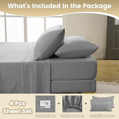 King Sheet Set - 4 Piece Silky Ultra Soft Breathable Bed Sheet Set, 16" Deep Pocket for Mattress, Hotel Luxury King Size Sheets & Wrinkle Free,Easy Care Cooling Bedding Sheets,Light Grey