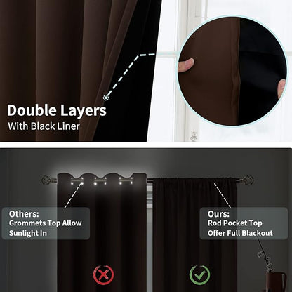 BGment Thermal Insulated 100% Blackout Curtains for Bedroom with Black Liner, Double Layer Full Room Darkening Noise Reducing Rod Pocket Curtain (52 x 72 Inch, Brown, 2 Panels)