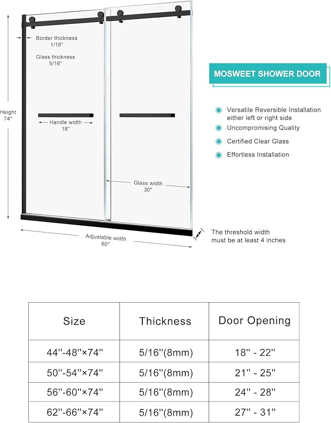 Milano Shower Door, 18 inch Pull Handle, Stainless Steel Hardware, Matte Black - Image 3