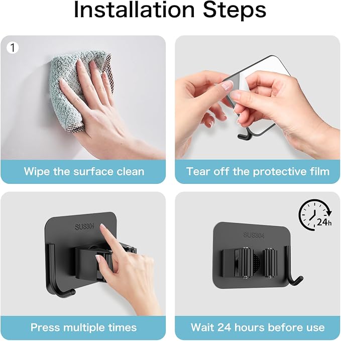nacena 4 Pack No Drill Self Adhesive Broom Mop Holder Wall Mount - Image 6