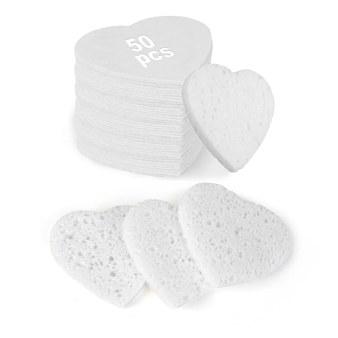 50-Count Heart Shape Compressed Facial Sponges, 100% Natural Cellulose Face by HUAXINBIOTECHNOLOGY
