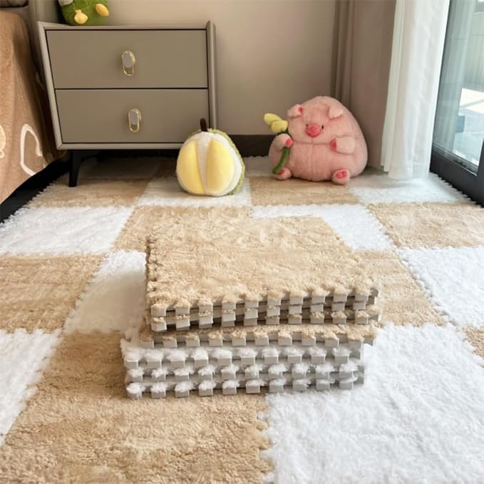 12Pcs Interlocking Carpet Tiles, Fluffy Play Mat Floor Tiles Thick Padded - Image 6