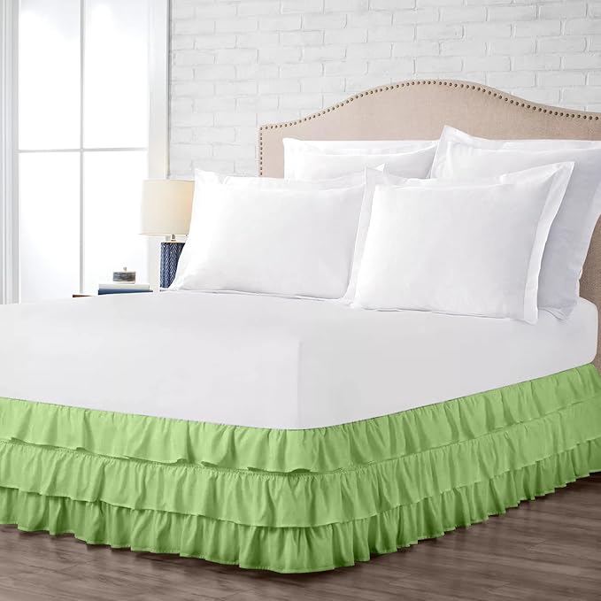 Multi-Ruffle Bed Skirt, Soft Multi Elastic Dust Ruffles with Wrap Around Bed Skirt Easy Fit with 18 Inch Drop 100% Cotton 800 Thread Count (Short Queen, Sage)