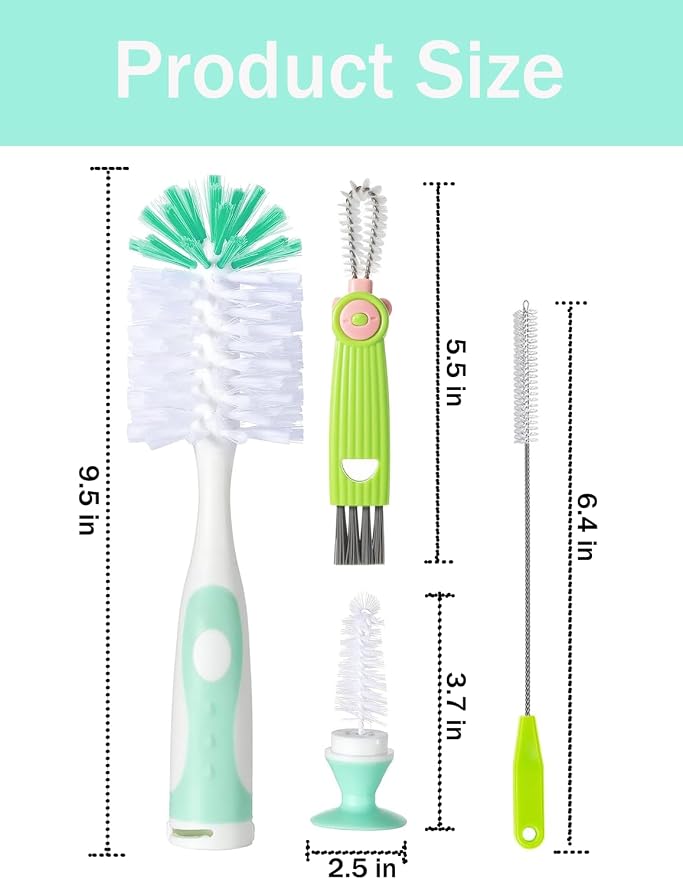 Baby Bottle Brush Set, 2 Hidden Nipple Brush, 2 Straw Brush, 1 Lid Brush - Image 2