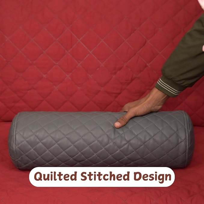 Neck Roll Pillow Cushion Cover, 24x5 Inch Full Moon Round Bolster Pillow Case, Cylinder Soft Lambskin Leather Pillowcase for Head, Spine & Neck Support During Sleep - Quilted Grey Pack of 1