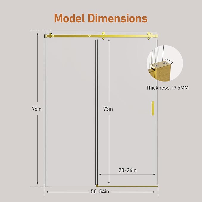 50-54 Inch Frameless Sliding Shower Door, 5/16" Clear Tempered Glass, Smooth - Image 2