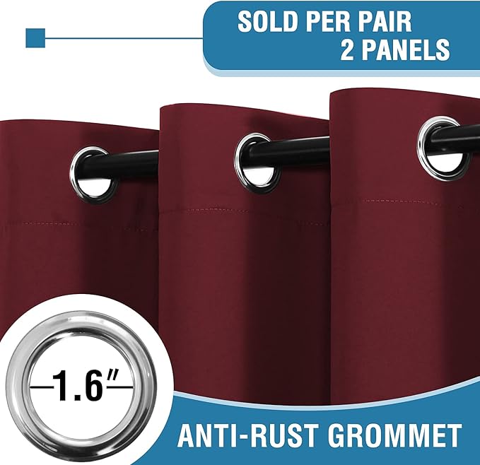 H.VERSAILTEX 100% Blackout Curtains for Bedroom Thermal Insulated Blackout Curtains 63 inch Length Heat and Full Light Blocking Curtains for Living Room with Black Liner 2 Panels Set, Burgundy