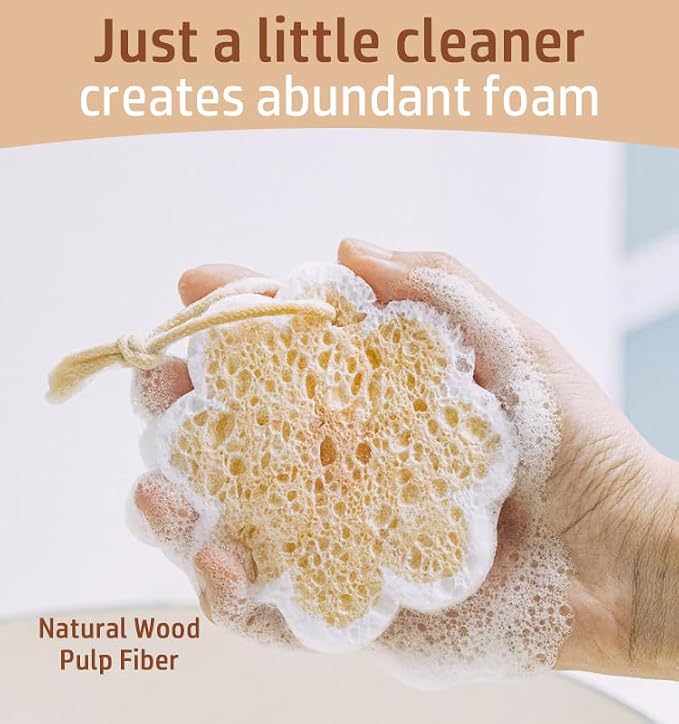 Flower-Shaped Wood Pulp Sponge Scrubber, sponges Kitchen– Dual-Sided Natural - Image 2