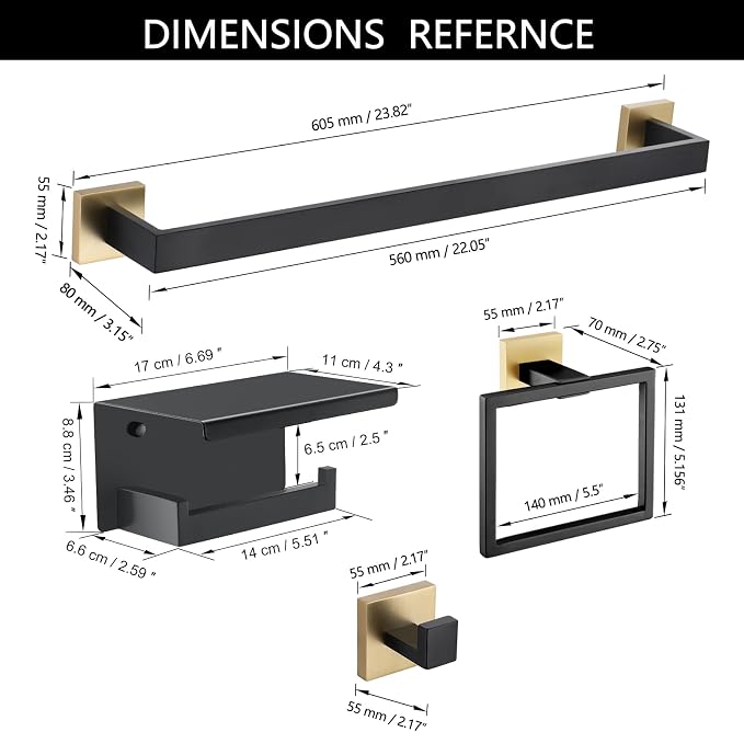 5 Pieces Bathroom Hardware Set Black and Gold Towel Bar Set, Toilet Paper Holder - Image 6