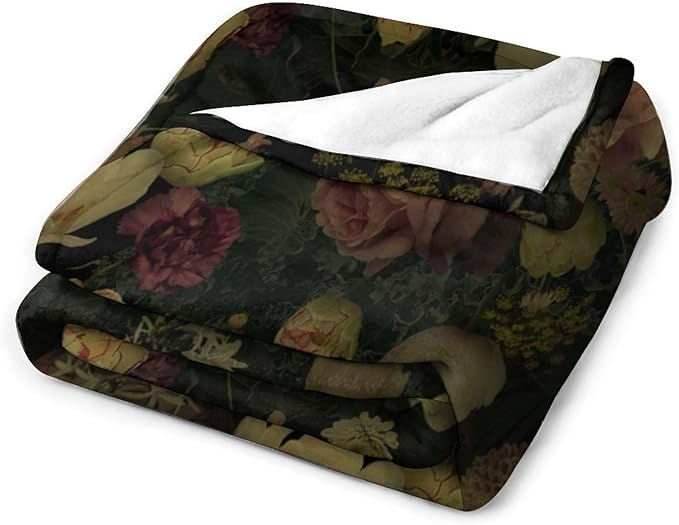 Black Floral Blanket, Rustic Watercolor Botanical Rose Peony Vintage Leaves Plant Boho Gothic Print Throw Blankets for Bed Living Room Bedding Couch Soft Decor, 30"x40"