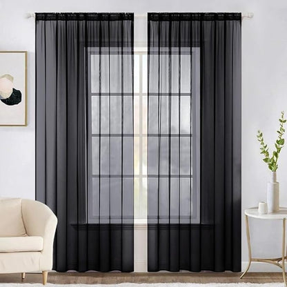 MIULEE 2 Panels Solid Color Sheer Window Curtains Elegant Halloween Window Voile Panels/Drapes/Treatment for Bedroom Living Room (54X108 Inches Black)