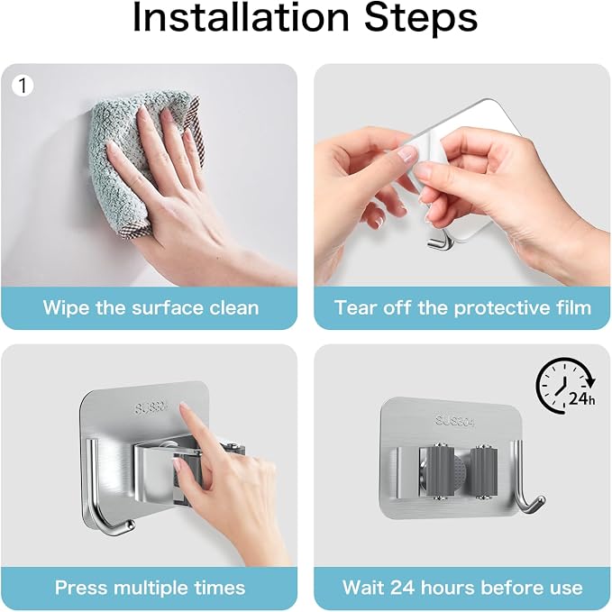 nacena 4 Pack No Drill Self Adhesive Broom Mop Holder Wall Mount - Image 6