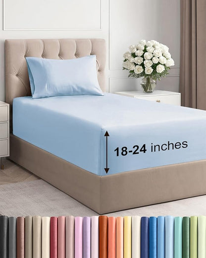 Extra Deep Pocket Twin XL Sheets - 3 Piece Breathable & Cooling Bed Sheets - Hotel Luxury Bed Sheet Set - Soft, Wrinkle Free & Comfy - Easily Fits Extra Deep Mattresses - Deep Pocket Sky Blue Sheets