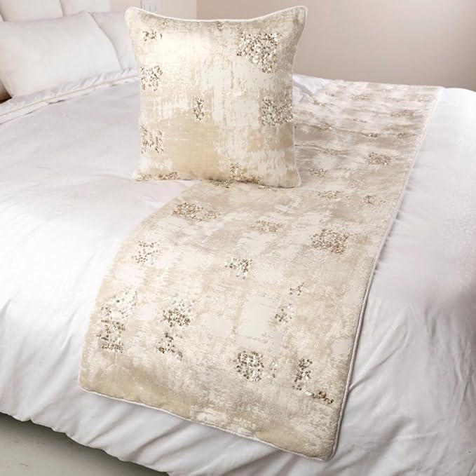The HomeCentric Ivory Bed Runner, CA King Size 86"x18" Decorative Bed Runner with 2 Matching Pillow Cover, Ivory Velvet Bed Scarf in Foil Velvet with Sequin - Creative Grudge