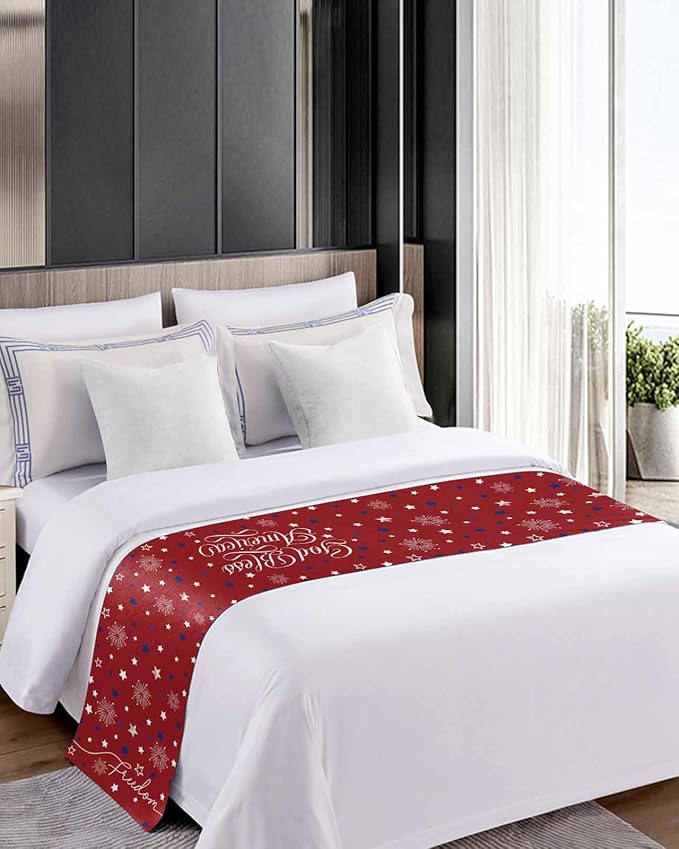 Independence Day Blue White Star Bed Runners for Bedroom Hotel,Decorative Bedding Scarf Freedom Celebration on Red Bed End Blanket Bedding Runner Scarves for Twin Size Bed,71x20in