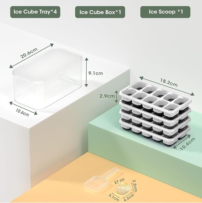 DOQAUS Ice Cube Tray with Lid and Bin, 4 Pack Silicone Plastic Ice Cubes Trays - Image 2