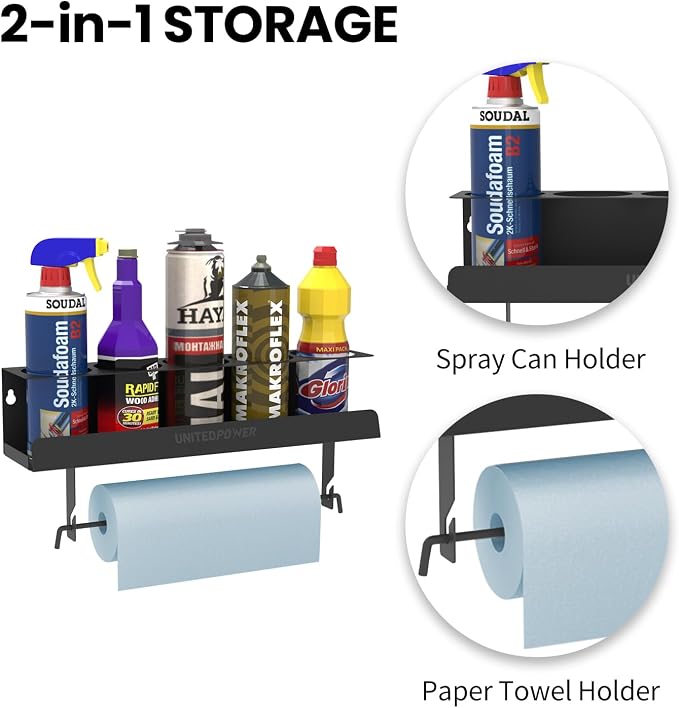 UNITEDPOWER 5 Aerosol Spray Can/Paper Towel Holder, Paint Bottle Storage Rack - Image 3