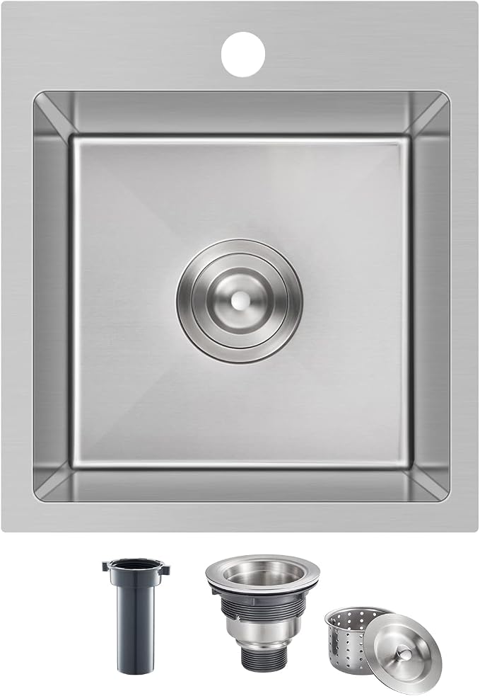 15x17 inch Bar Sink Drop in, Handmade 304 Stainless Steel Sink, R10 Tight Radius by OUGOO