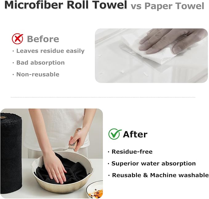 80 Pack Microfiber Cleaning Cloth Roll Reusable Paper Towels 12"x12" Black Tear - Image 5