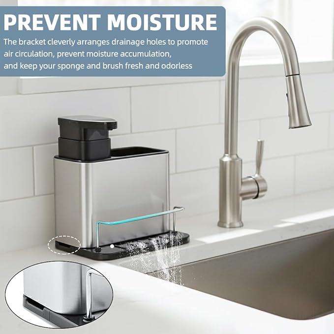 Soap Dispenser for Kitchen Sink, Stainless Steel 3-in-1 Sponge Holder for - Image 4